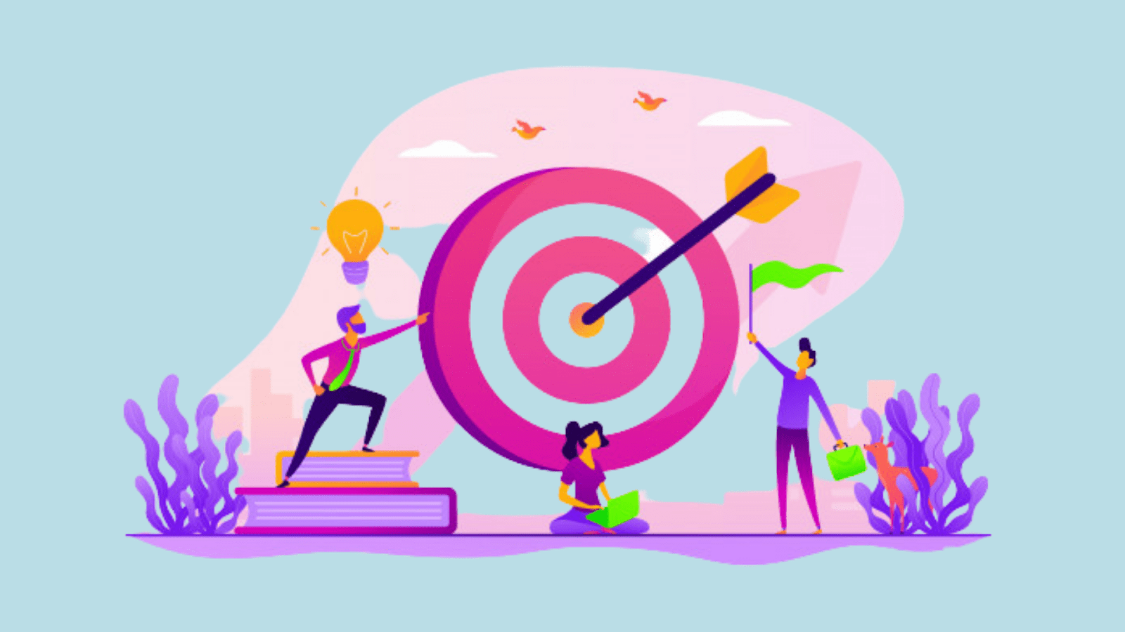 People celebrating around a bullseye to illustrate concept of setting and achieving product OKRs.