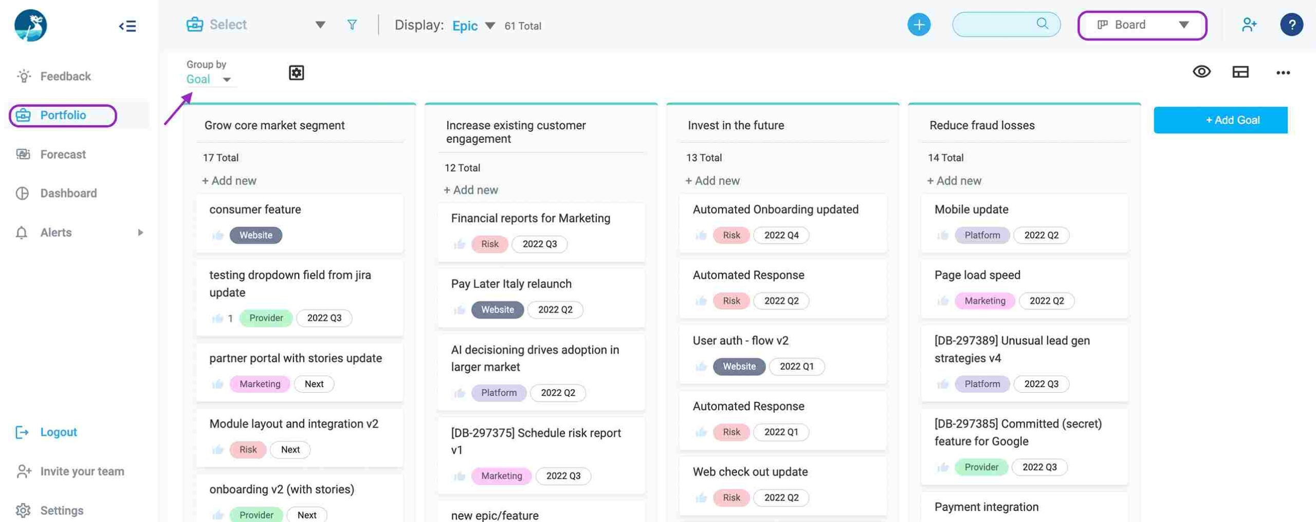 Dragonboat Board View to organize and prioritize backlog