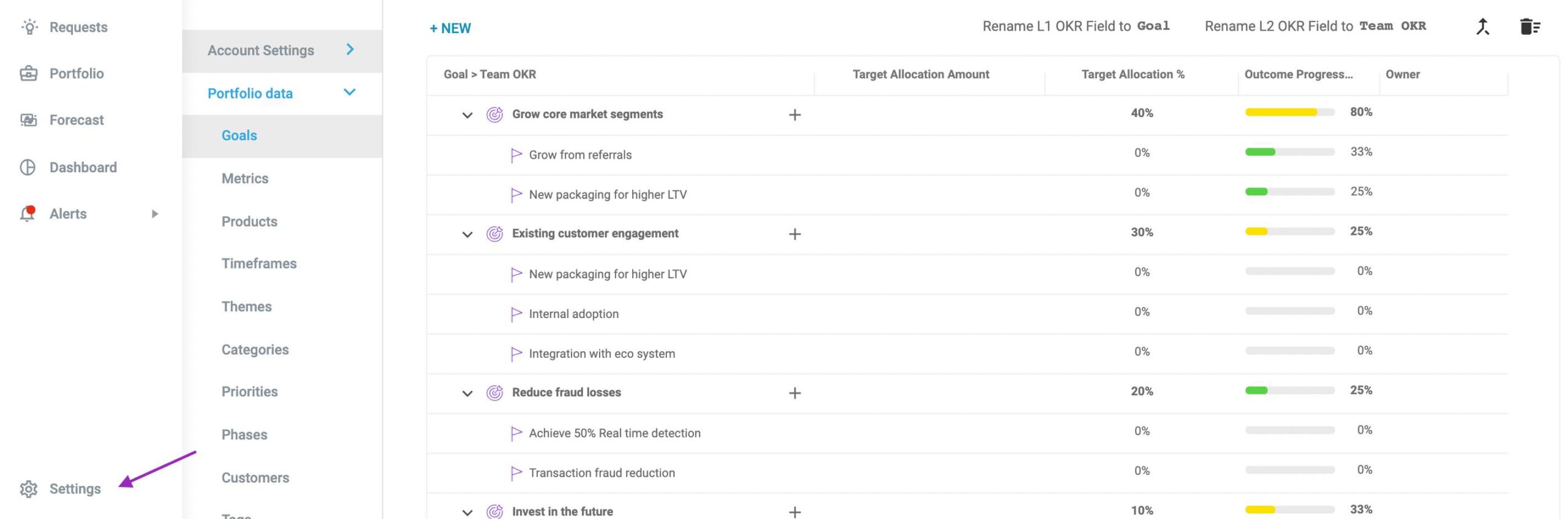 In Dragonboat, create your objectives using Settings > Objectives