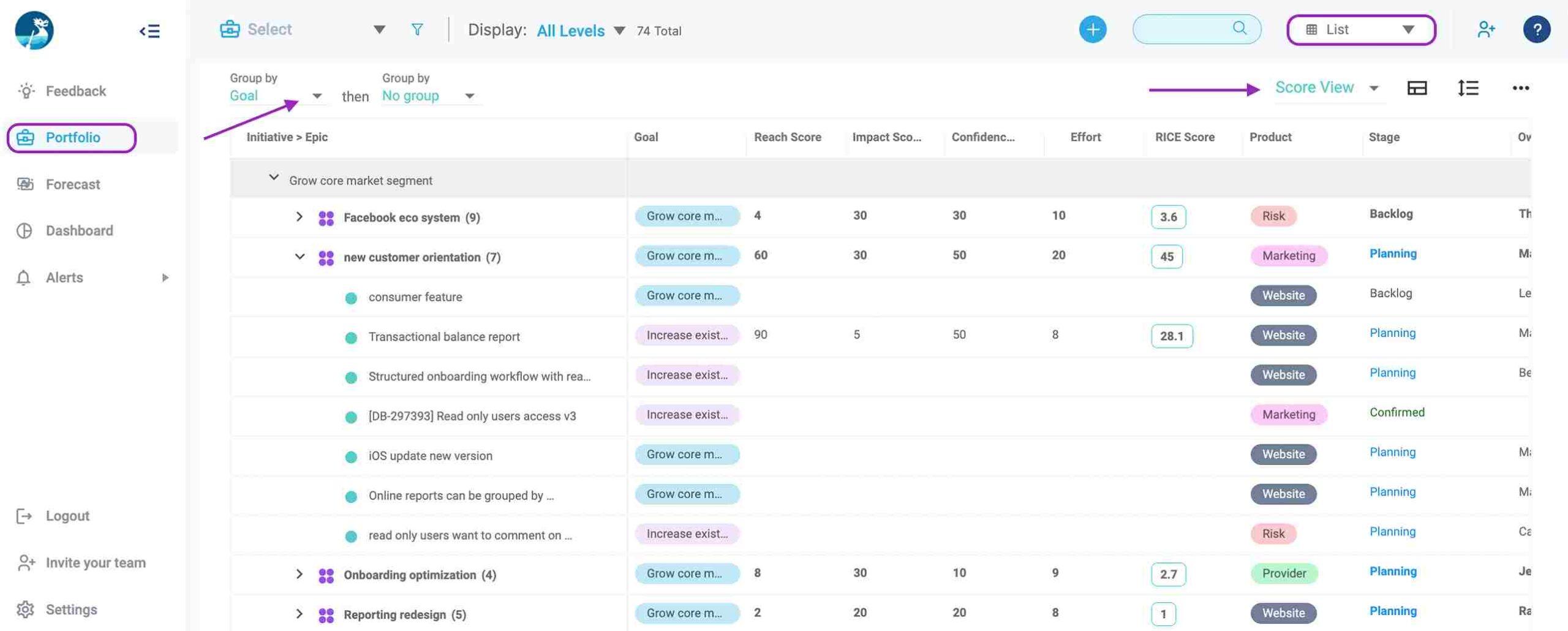 Dragonboat Portfolio List to sort and group ideas and score them to match your prioritization method