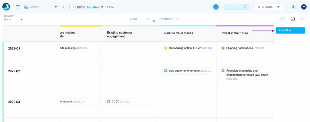 Screenshot of using Dragonboat to connect goals and initiatives in an outcome-based roadmap.