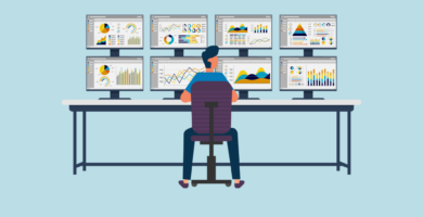 Product manager looking at multiple screens to illustrate the use of product roadmap templates.