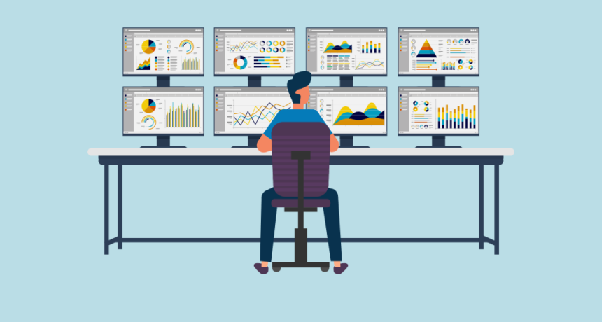 Product manager looking at multiple screens to illustrate the use of product roadmap templates.