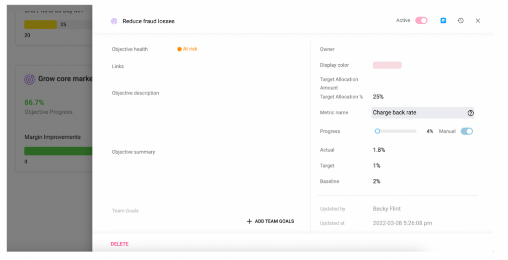 Screenshot of using Dragonboat to set the metrics you plan to use to measure goals.